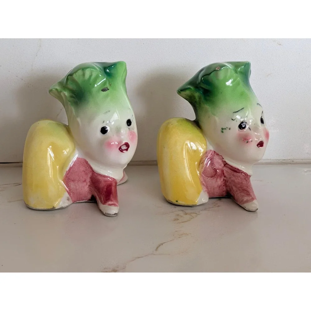 Vintage Anthropomorphic Vegetable Salt and Pepper Shakers Ceramic Mid Century